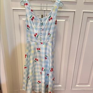 Belle Pogue Blue Gingham Cherry Print Dress Cottagecore Picnic Sundress Medium